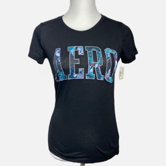 NWT AEROPOSTALE NYC Women Tropical Track Floral Fill Appliqué Graphic Tee Black - Picture 1 of 4